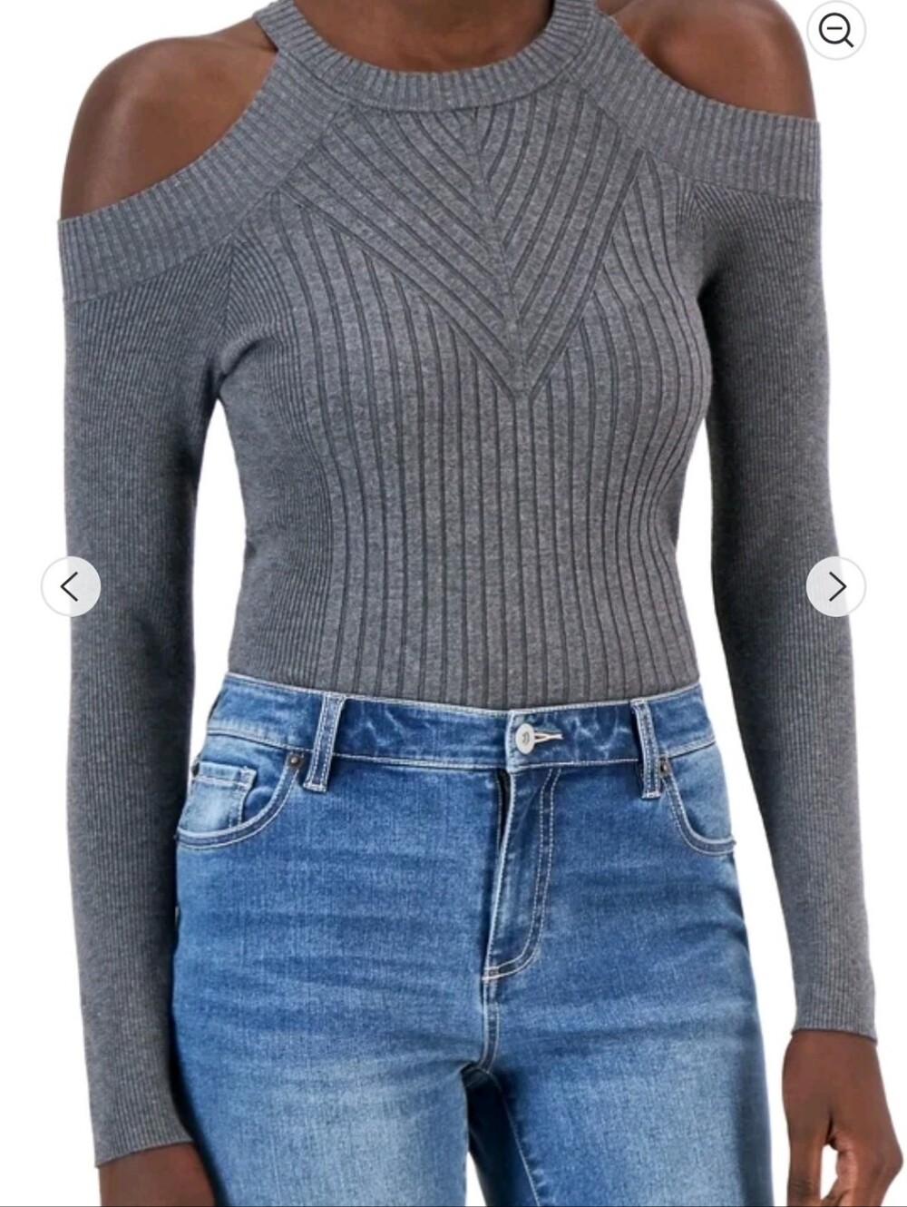 INC International Concepts Gray Cold-Shoulder Ribbed Knit Sweater